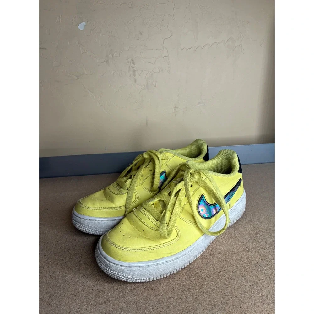 Nike Air Force 1 Low Yellow Iridescent Holographic Swoosh AR7446-700 Kids 3.5Y